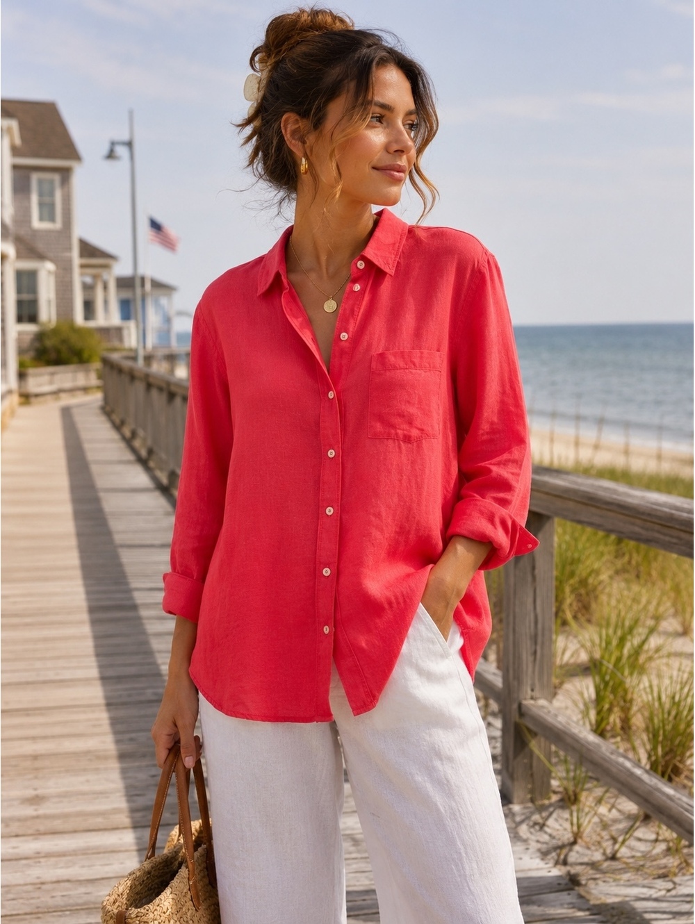 Maeve Anthropologie Linen Cotton Button Up Shirt Large Coral Coastal Summer Top - Picture 1 of 7